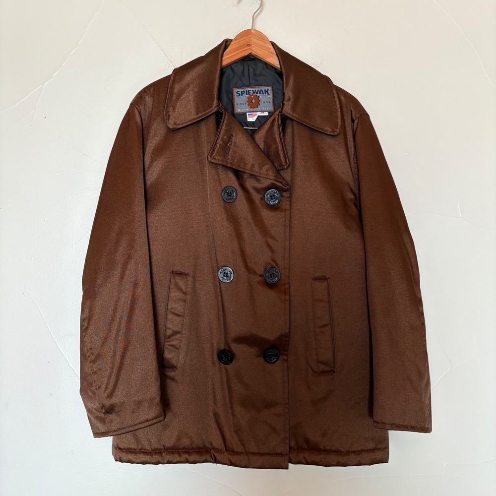 Spiewak Womens Pea Coat Brown Satin Double Breasted Quilted Lined‎ Jacket SZ M
